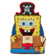 Front view of Loungefly SpongeBob SquarePants pirate cosplay mini backpack with 3D face, hat and costume belt details