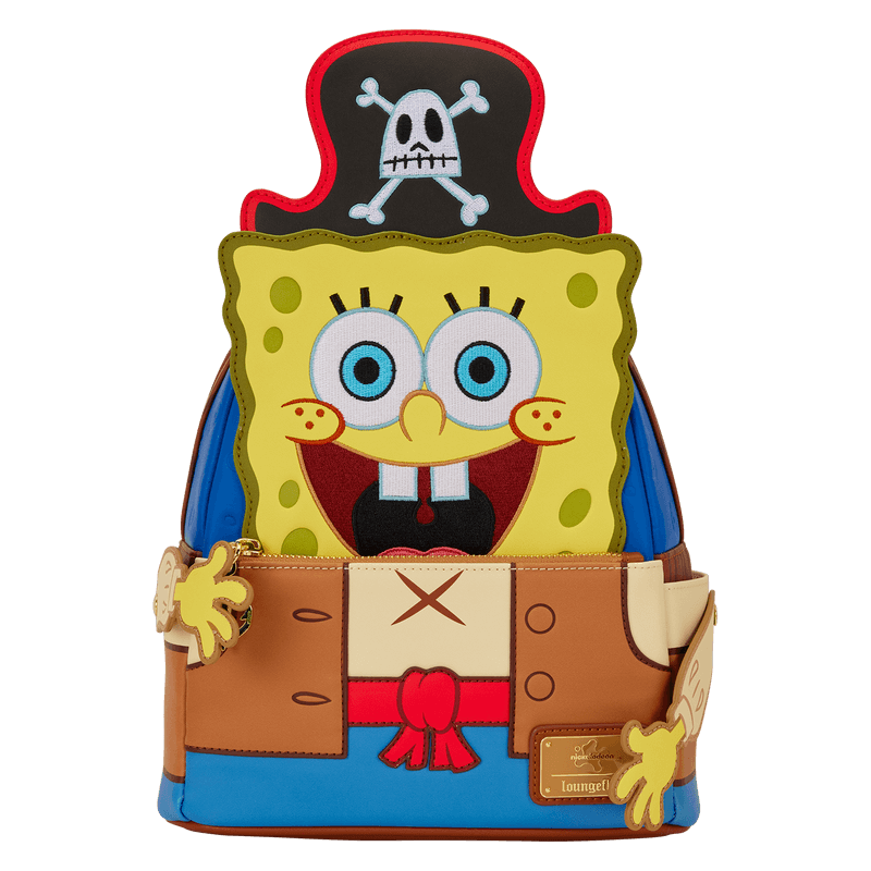 Front view of Loungefly SpongeBob SquarePants pirate cosplay mini backpack with 3D face, hat and costume belt details