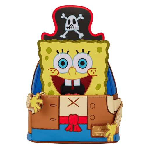 Front view of Loungefly SpongeBob SquarePants pirate cosplay mini backpack with 3D face, hat and costume belt details