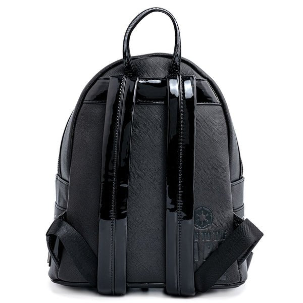 Back of Loungefly Star Wars Darth Vader mini backpack showing glossy straps and subtle logo
