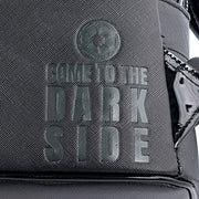Embossed ‘Come to the Dark Side’ detail on Loungefly Darth Vader mini backpack side panel
