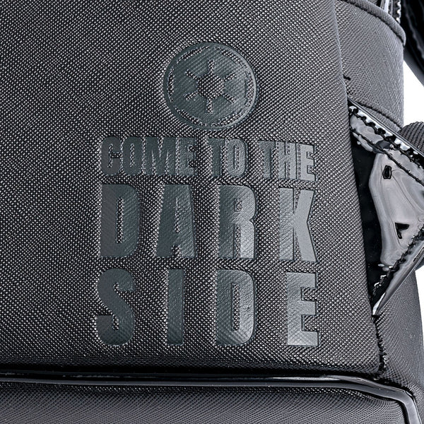 Embossed ‘Come to the Dark Side’ detail on Loungefly Darth Vader mini backpack side panel
