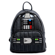 Front of Loungefly Darth Vader cosplay mini backpack featuring chest panel applique and quilted armour

