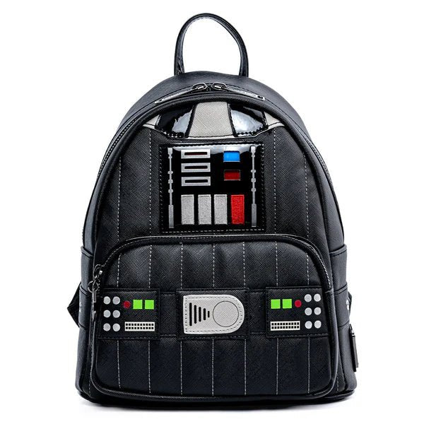 Front of Loungefly Darth Vader cosplay mini backpack featuring chest panel applique and quilted armour
