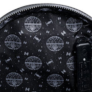 Interior lining of Loungefly Darth Vader mini backpack with Death Star and TIE Fighter print
