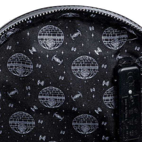 Interior lining of Loungefly Darth Vader mini backpack with Death Star and TIE Fighter print
