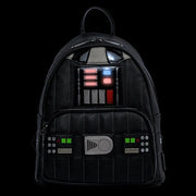 Front of Loungefly Darth Vader mini backpack with LED chest panel illuminated on black background

