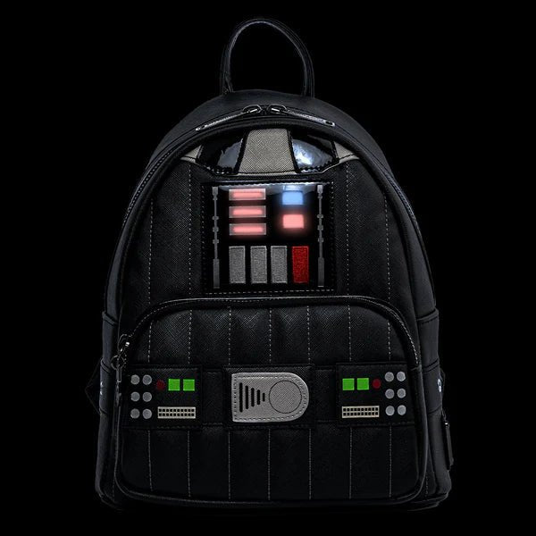 Front of Loungefly Darth Vader mini backpack with LED chest panel illuminated on black background

