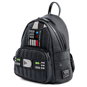Side view of Loungefly Star Wars Darth Vader cosplay mini backpack with quilted armour panels
