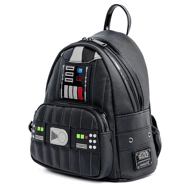 Side view of Loungefly Star Wars Darth Vader cosplay mini backpack with quilted armour panels
