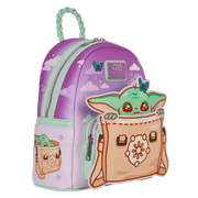 Loungefly Grogu mini backpack, front-left angle, pastel sky print with butterflies and Grogu satchel applique pocket