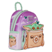 Loungefly Grogu mini backpack, front-left angle, pastel sky print with butterflies and Grogu satchel applique pocket