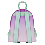 Back view of Loungefly Star Wars Grogu mini backpack in pastel purple and mint with cloud-print straps and braided handle