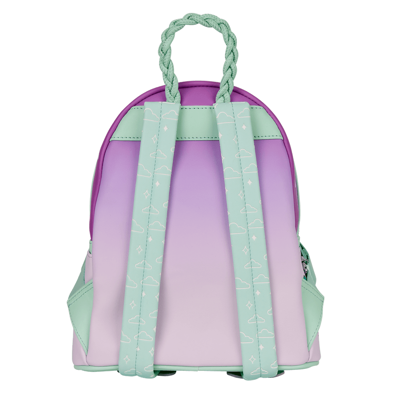 Back view of Loungefly Star Wars Grogu mini backpack in pastel purple and mint with cloud-print straps and braided handle