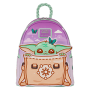 Front view of Loungefly Star Wars Grogu mini backpack with butterfly accents and Grogu peeking from a satchel applique