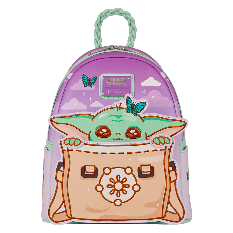 Front view of Loungefly Star Wars Grogu mini backpack with butterfly accents and Grogu peeking from a satchel applique