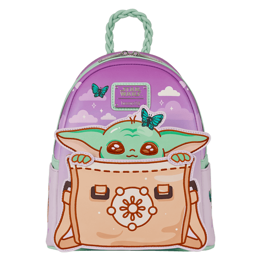 Front view of Loungefly Star Wars Grogu mini backpack with butterfly accents and Grogu peeking from a satchel applique