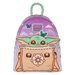 Front view of Loungefly Star Wars Grogu mini backpack with butterfly accents and Grogu peeking from a satchel applique
