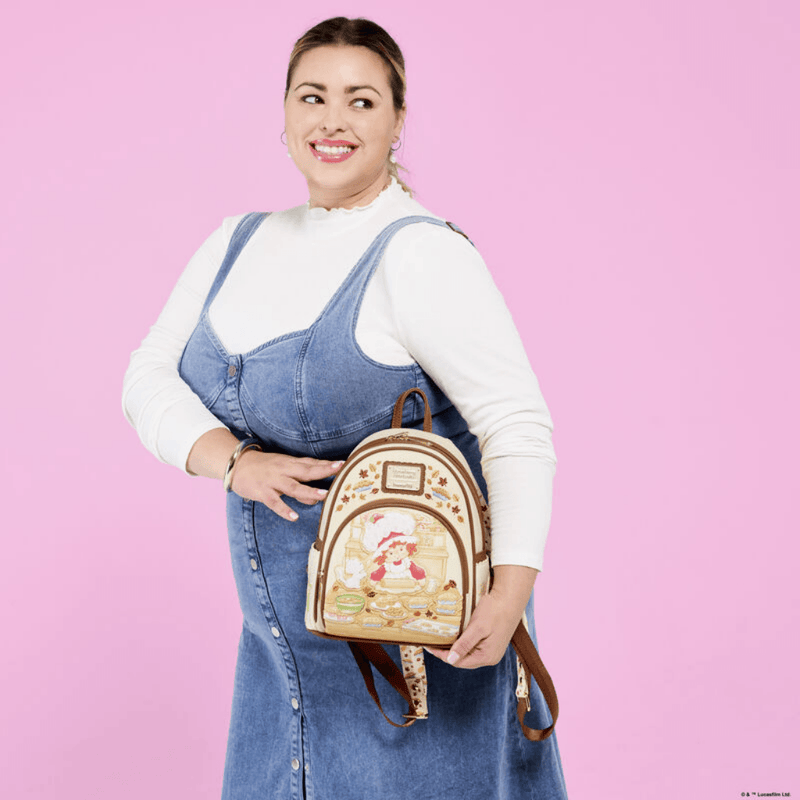 Loungefly Strawberry Shortcake Fall Baking Mini Backpack worn as a backpack