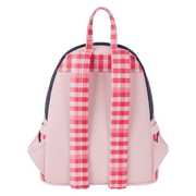 Back view of Loungefly Strawberry Shortcake faux denim mini backpack with pink gingham straps