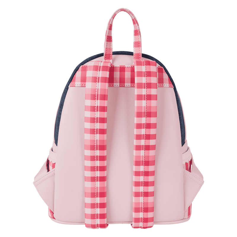 Back view of Loungefly Strawberry Shortcake faux denim mini backpack with pink gingham straps
