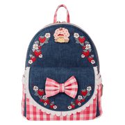 Front view of Loungefly Strawberry Shortcake faux denim mini backpack with bow and strawberry embroidery
