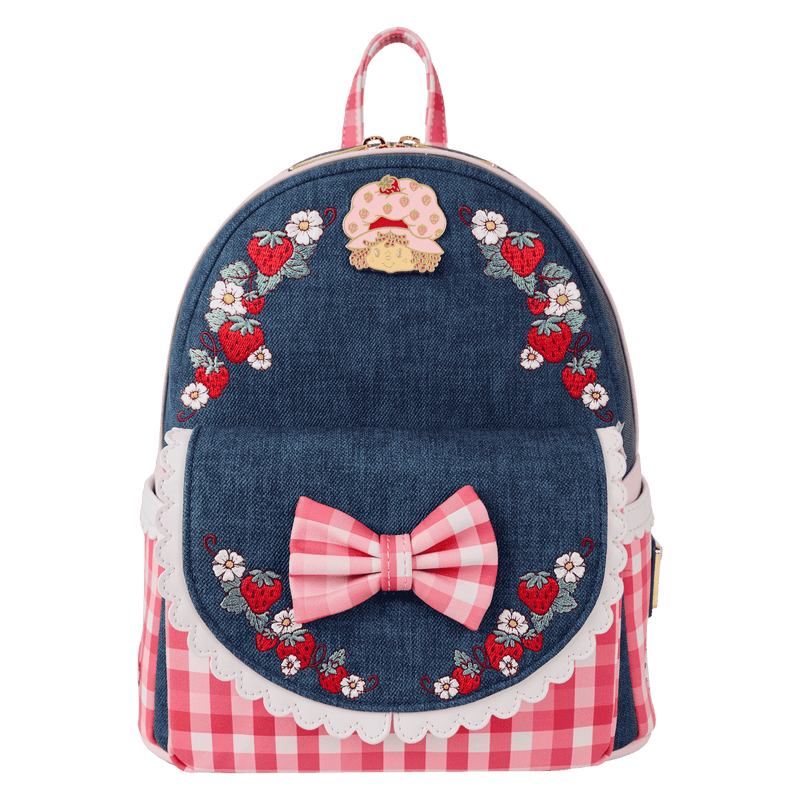 Front view of Loungefly Strawberry Shortcake faux denim mini backpack with bow and strawberry embroidery