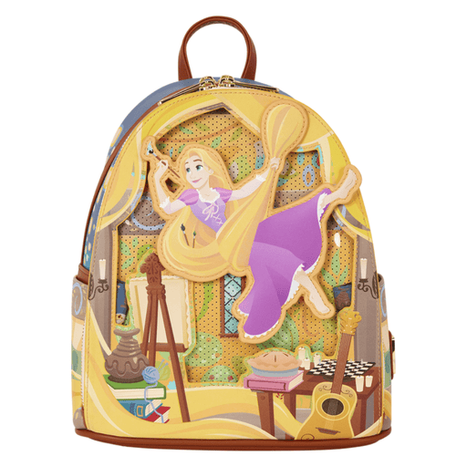 Moving Rapunzel appliqué on Loungefly Tangled Mini Backpack in centre position