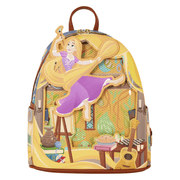 Moving Rapunzel appliqué on Loungefly Tangled Mini Backpack in left position