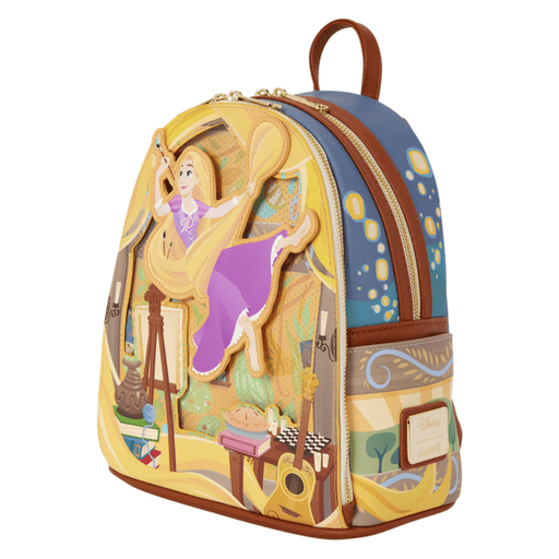 Loungefly Disney Tangled Rapunzel Glow Pin Trader Mini Backpack angled front