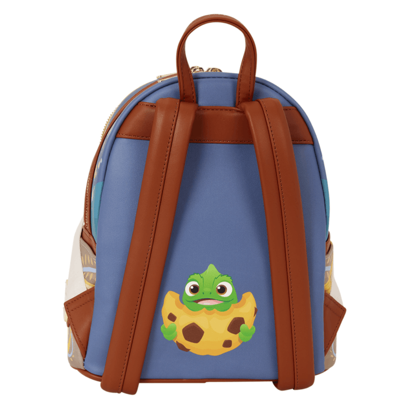 Back of Loungefly Tangled Rapunzel Mini Backpack with Pascal design