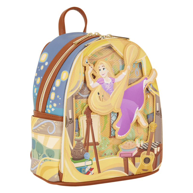 Side view of Loungefly Disney Tangled Rapunzel Pin Trader Mini Backpack