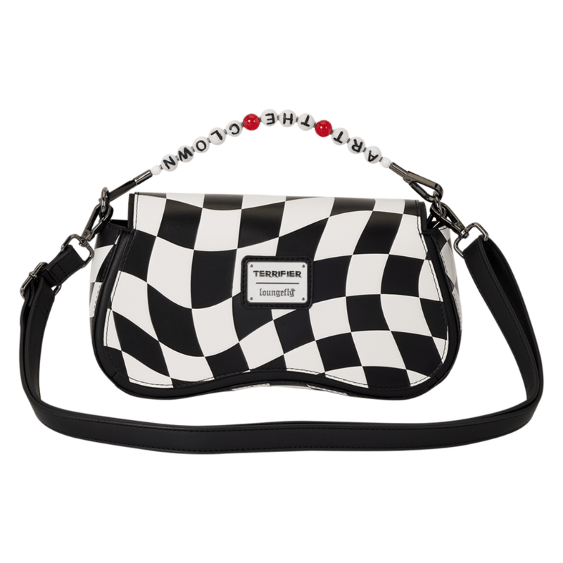 Rear of Loungefly Terrifier crossbody bag with adjustable shoulder strap