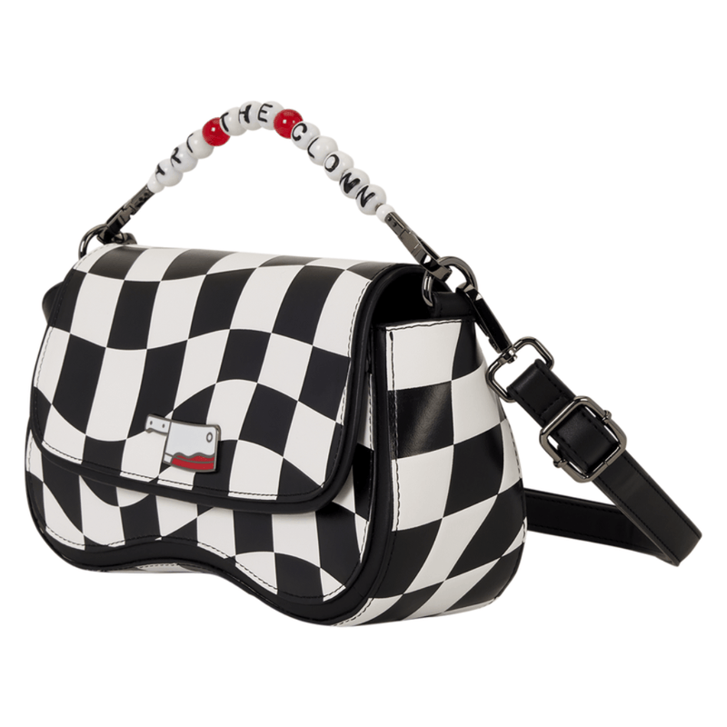 Side view of the Terrifier Art the Clown checkerboard crossbody bag