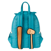 Back view showing teal embossed pattern and cartoon strap details on Loungefly backpack