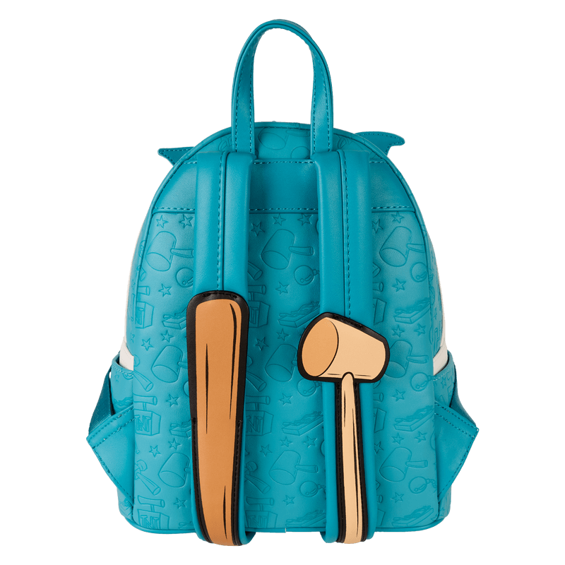 Back view showing teal embossed pattern and cartoon strap details on Loungefly backpack