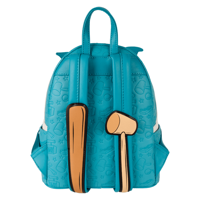 Back view showing teal embossed pattern and cartoon strap details on Loungefly backpack