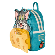 Loungefly Tom and Jerry teal mini backpack with 3D cheese pocket, front angle