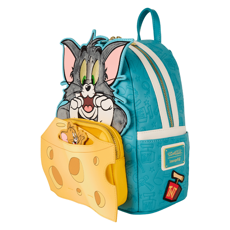 Loungefly Tom and Jerry teal mini backpack with 3D cheese pocket, front angle