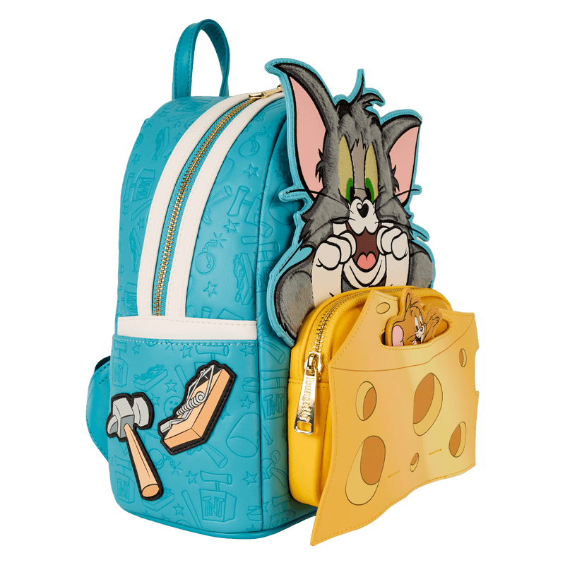 Right-side angle of Loungefly Tom and Jerry mini backpack with cheese pocket and Jerry