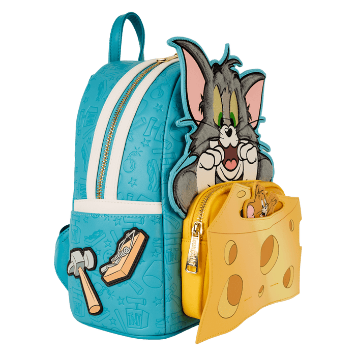 Right-side angle of Loungefly Tom and Jerry mini backpack with cheese pocket and Jerry