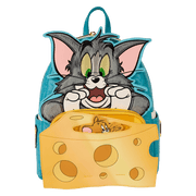 Front view of Loungefly Tom and Jerry mini backpack with Tom appliqué and cheese pocket
