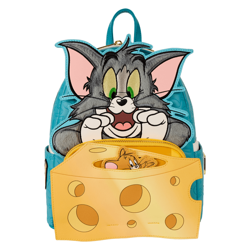 Front view of Loungefly Tom and Jerry mini backpack with Tom appliqué and cheese pocket