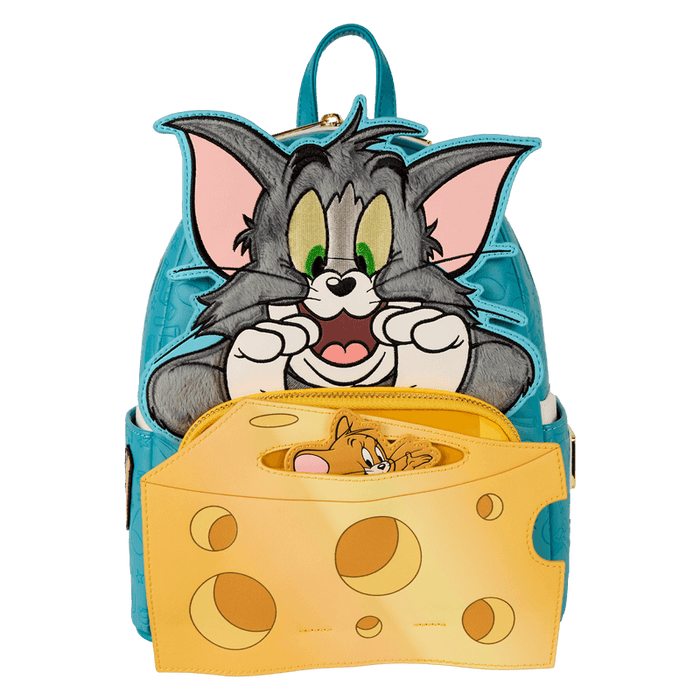 Front view of Loungefly Tom and Jerry mini backpack with Tom appliqué and cheese pocket