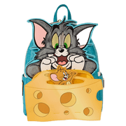Jerry popping out of the 3D cheese front pocket on Loungefly Tom and Jerry mini backpack