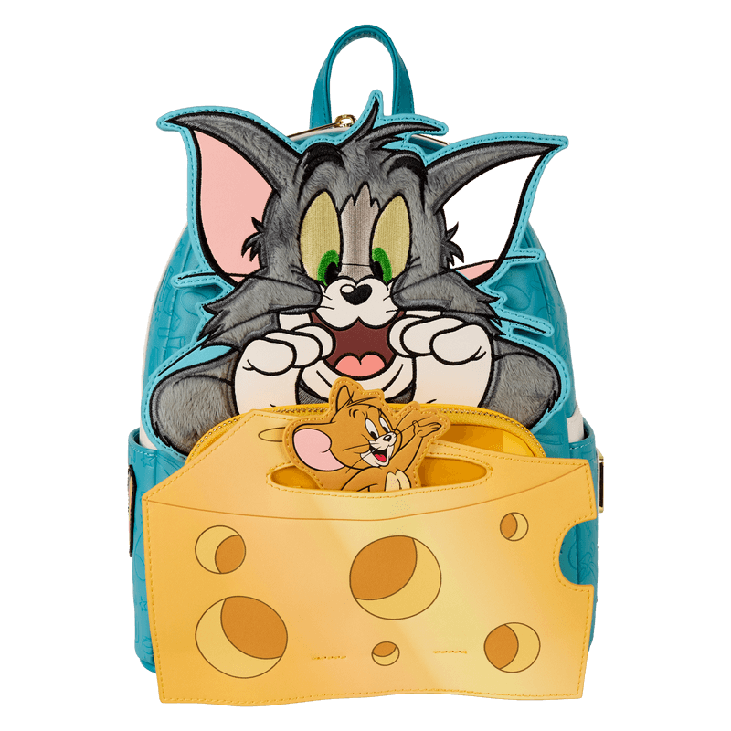 Jerry popping out of the 3D cheese front pocket on Loungefly Tom and Jerry mini backpack