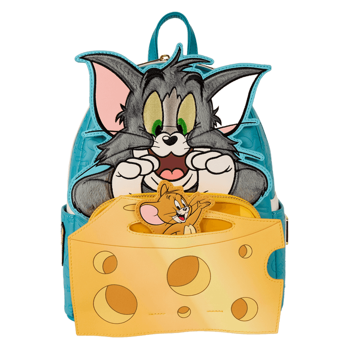 Jerry popping out of the 3D cheese front pocket on Loungefly Tom and Jerry mini backpack