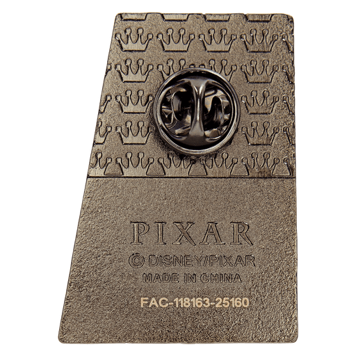 Close-up of Loungefly Toy Story 30th mystery pin back with crown pattern and Pixar stamp