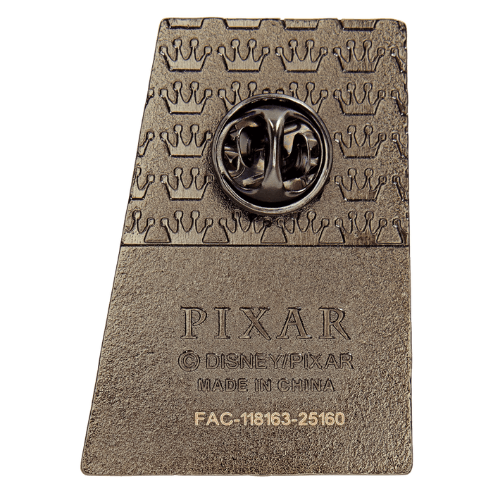 Close-up of Loungefly Toy Story 30th mystery pin back with crown pattern and Pixar stamp