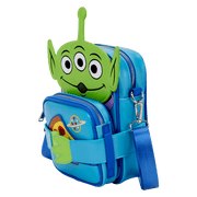 Three-quarter left angle of Alien Crossbuddies crossbody with green alien face and pizza pocket
